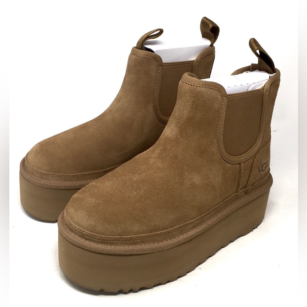 🔴SOLD Ugg Neumel Platform Chelsea Boots Chestnut Suede Shearling Sheepskin - Picture 8 of 15